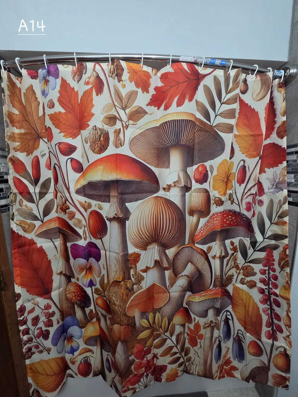 NWOT Autumn Mushroom Shower Curtain - Orange & Cream Foliage Design